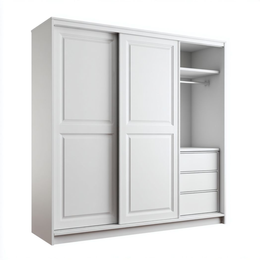 Armoire blanche à deux portes coulissantes avec trois tiroirs et étagère