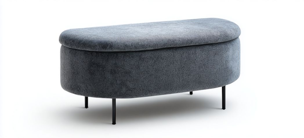 Banc ovale en tissu gris foncé avec pieds métalliques et espace de rangement