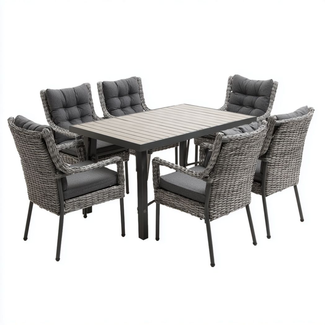 Ensemble de jardin gris en aluminium et rotin avec table rectangulaire et six chaises à coussins