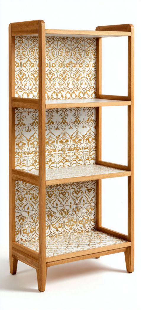 Étagère avec cadre en chêne et panneaux décorés de motifs dorés, quatre niveaux, forme rectangulaire