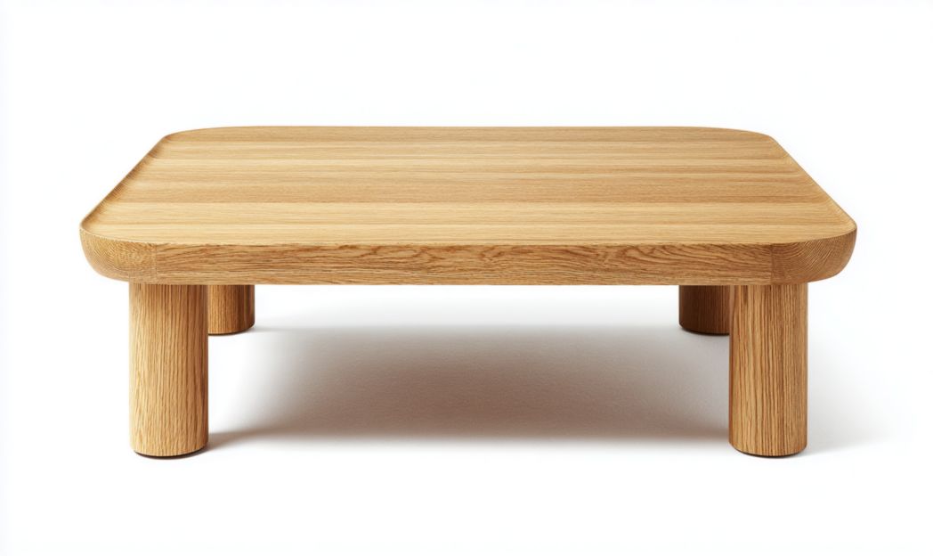 Table basse carrée en chêne couleur naturelle avec coins arrondis et quatre pieds sans tiroirs ni portes