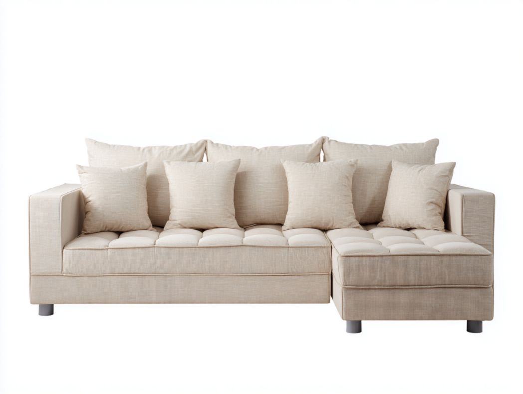 Canapé tissu beige méridienne droite 3 dossiers 4 coussins