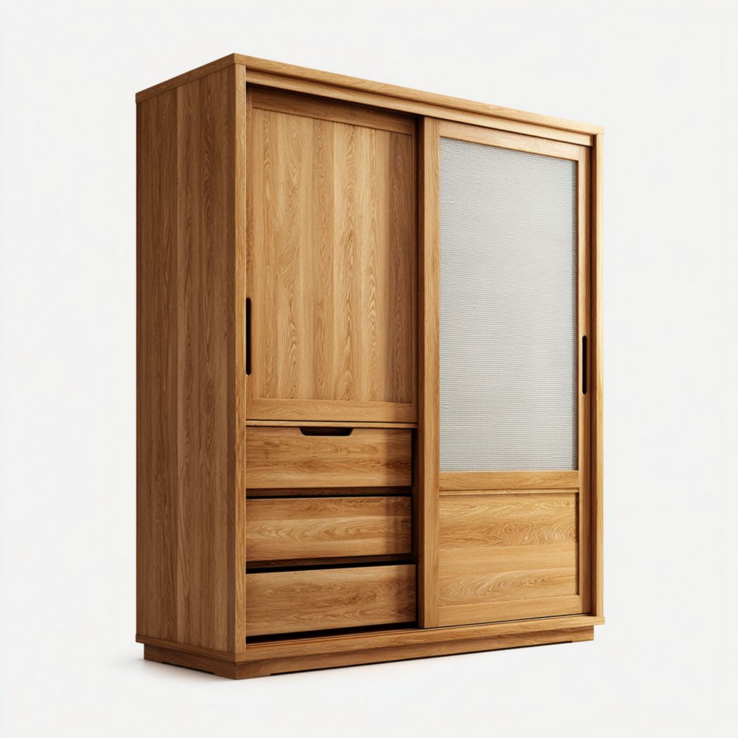 Deux armoires coulissantes en bois avec trois tiroirs et façades en verre