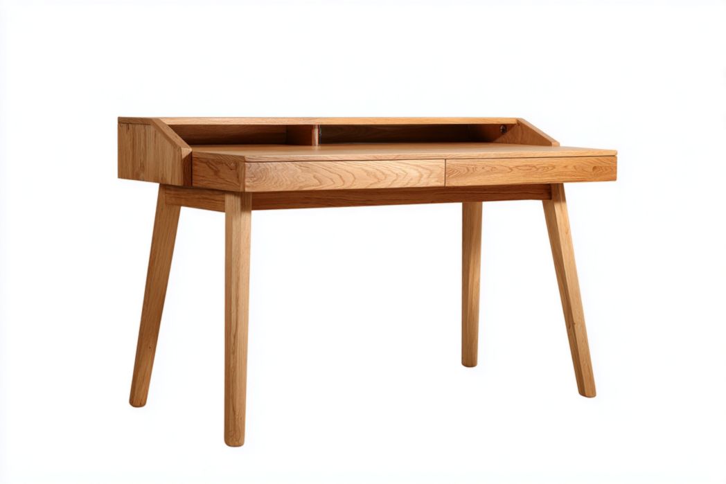 Bureau en bois couleur naturelle, plateau rectangulaire, deux tiroirs et un compartiment ouvert