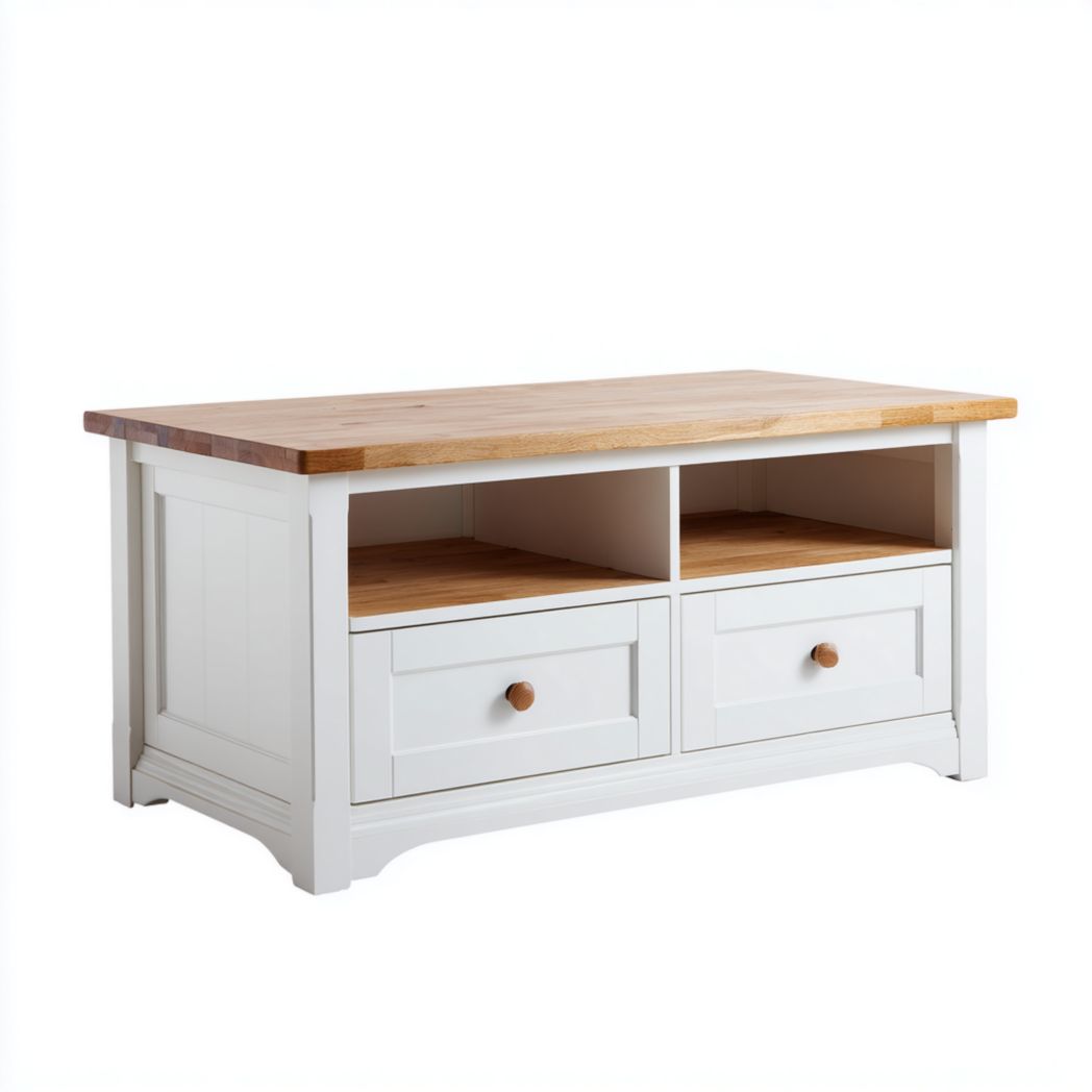 Meuble TV en bois blanc et naturel avec deux tiroirs