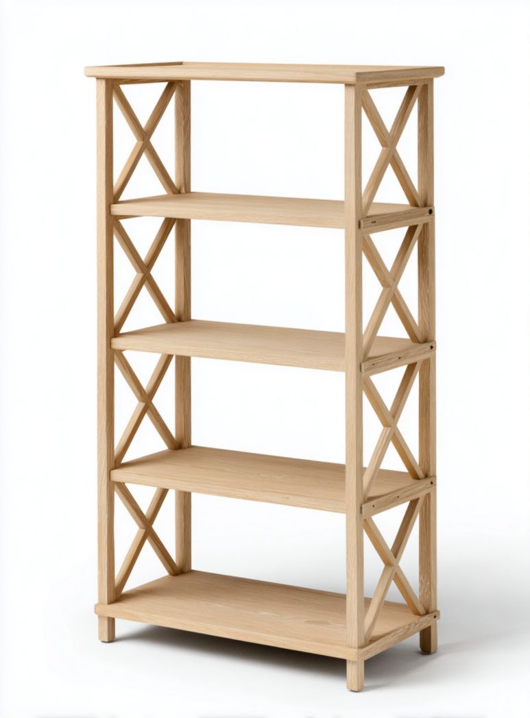 Étagère à cinq niveaux en chêne, couleur bois naturel, structure latérale croisée