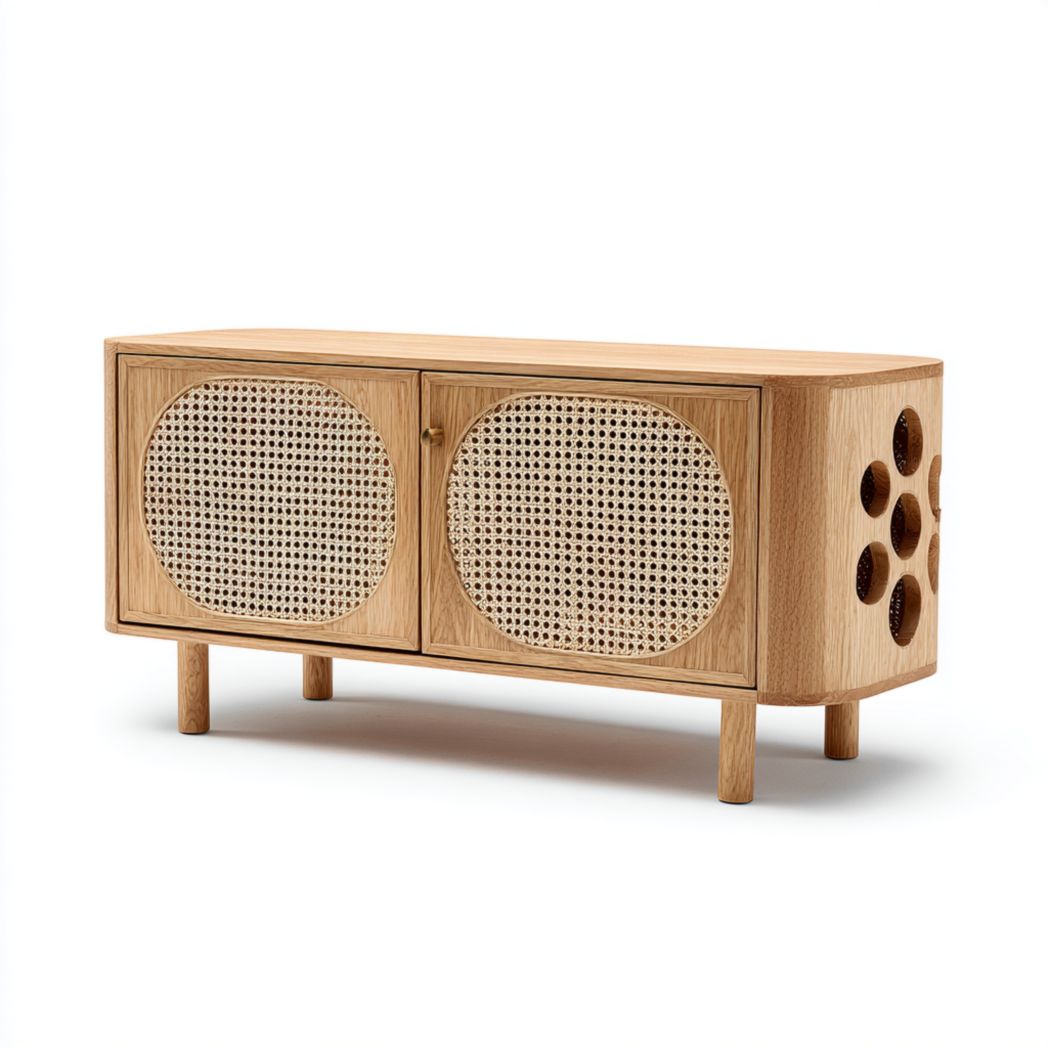 Meuble TV en bois clair avec portes en rotin et détails perforés