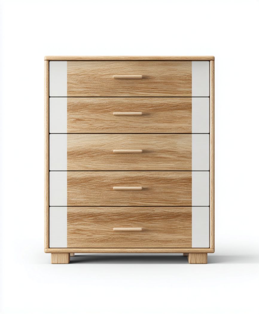 Commode à cinq tiroirs en bois clair et blanc