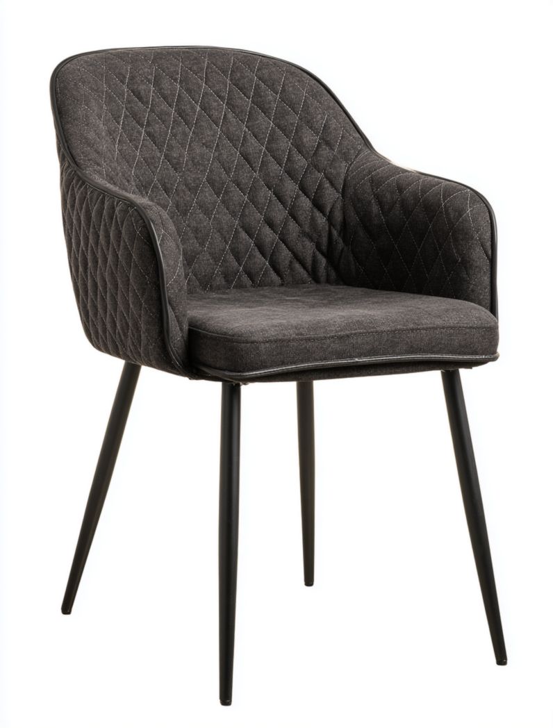 Chaise de salle à manger en tissu gris foncé avec dossier capitonné à motifs losanges et pieds en métal