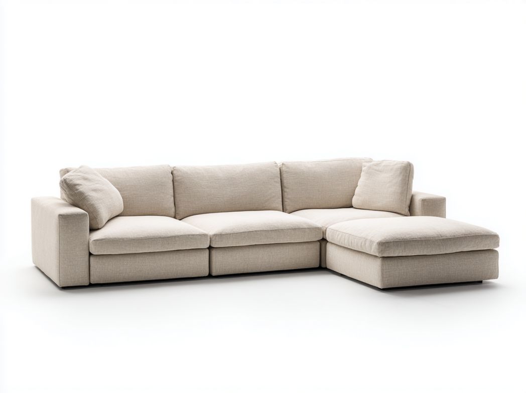 Canapé d’angle en tissu beige, 3 places + méridienne droite, 2 coussins