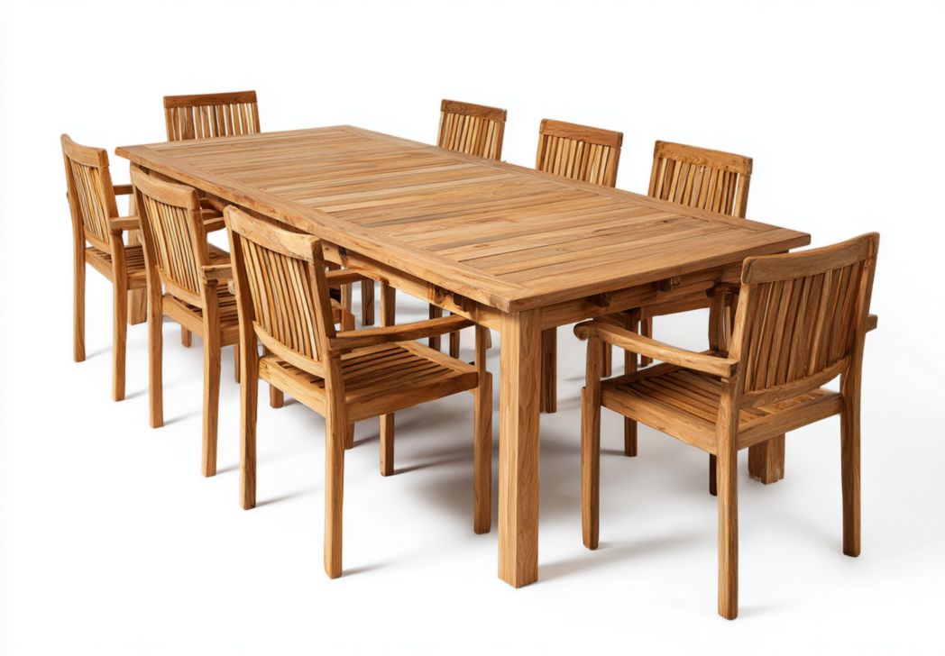 Ensemble repas 9 pièces en teck massif naturel avec grande table rectangulaire et 8 chaises