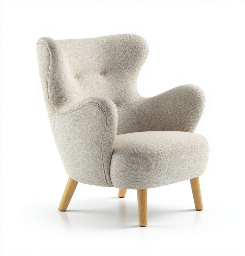 Fauteuil en tissu beige avec dossier haut arrondi, accoudoirs courbes et pieds en bois