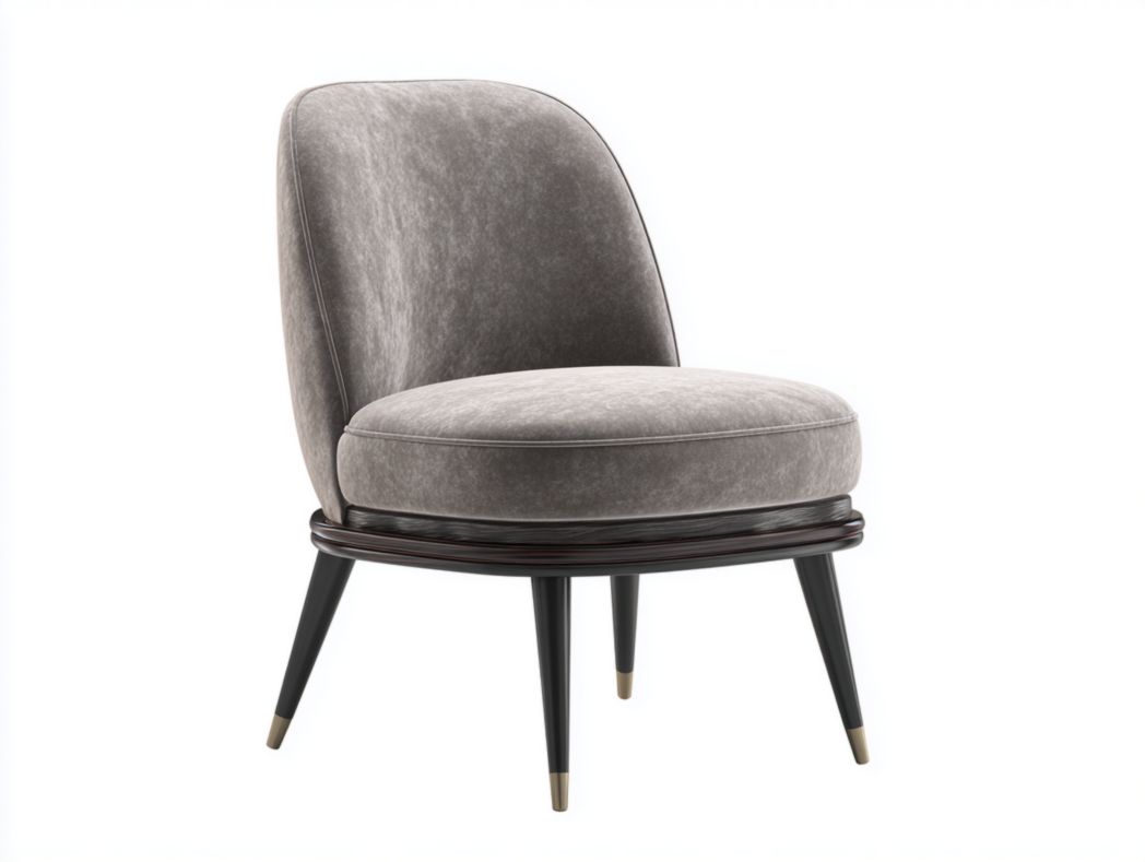 Fauteuil en velours gris avec pieds en bois noir et embouts métalliques