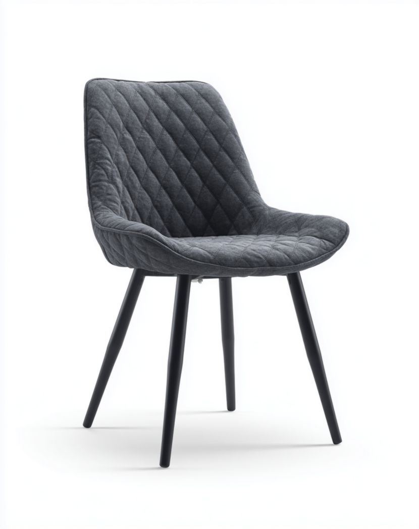 Chaise de salle à manger en tissu gris foncé avec dossier haut capitonné à losanges et pieds en métal noir
