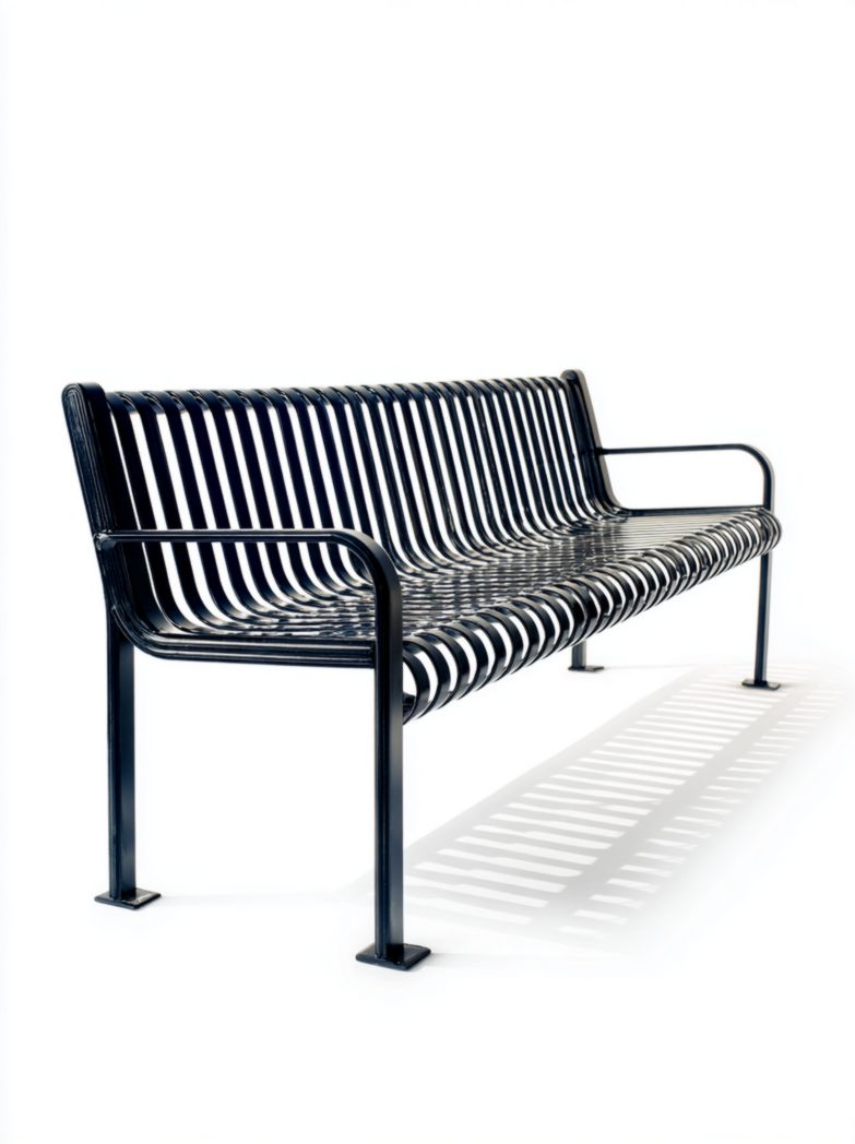 Banc métallique noir à lattes avec accoudoirs et base fixe