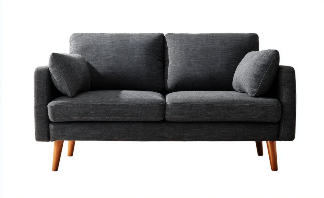 Canapé 2 places en tissu gris foncé avec pieds en bois et coussins