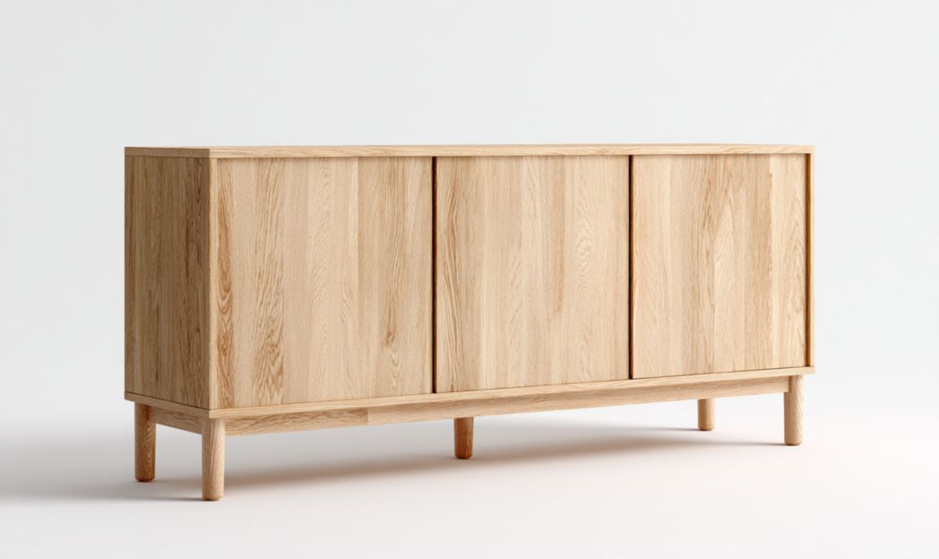 Buffet en bois clair, 3 portes sans poignées, meuble rectangulaire avec pieds cylindriques