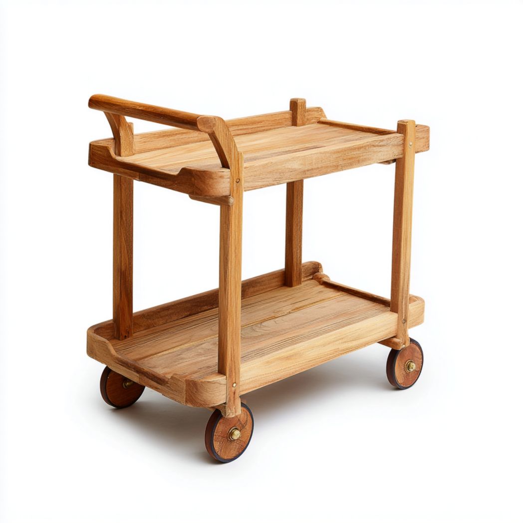 Desserte de jardin en teck naturel à deux plateaux avec roulettes
