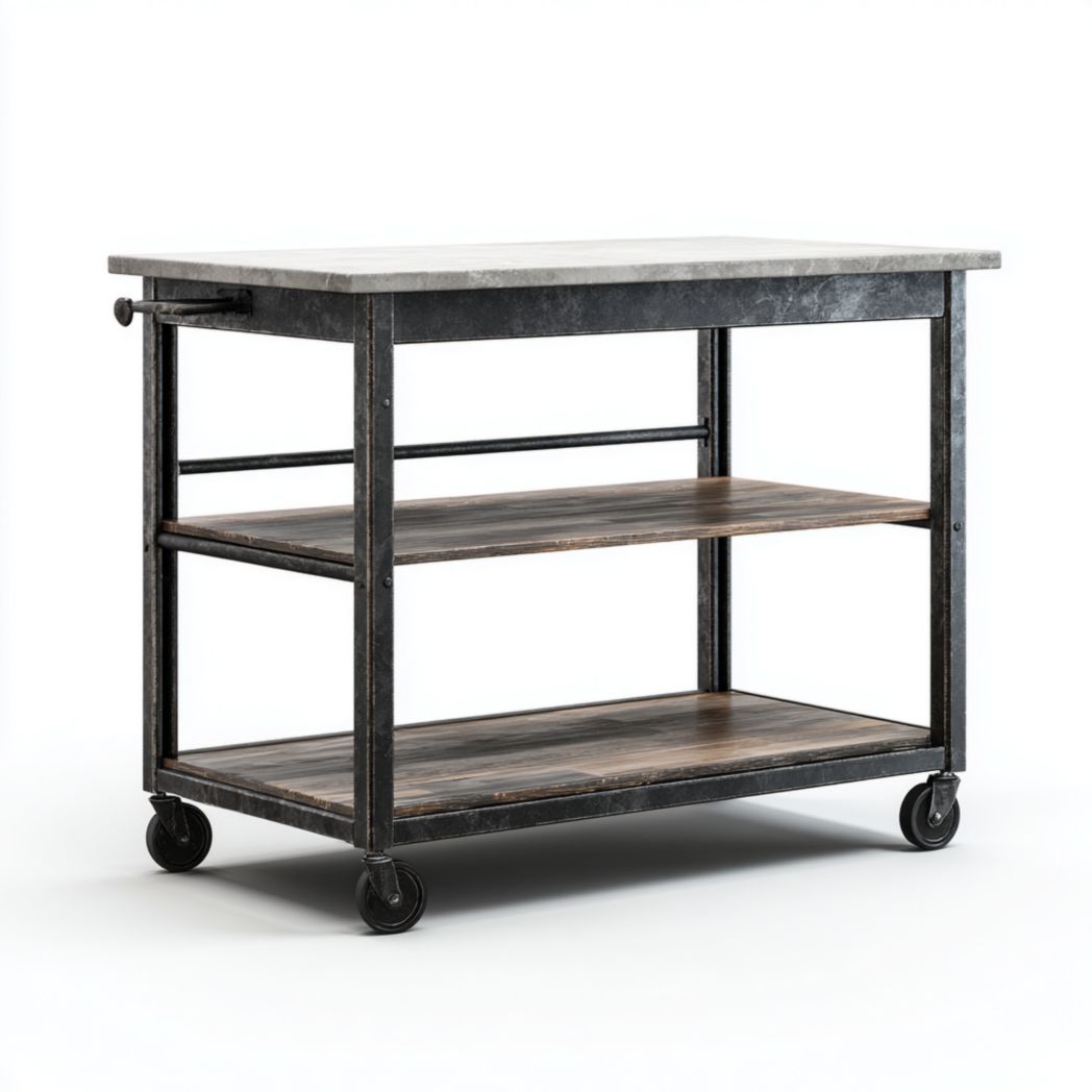 Desserte de jardin en métal noir avec plateau en béton et étagères en bois à roulettes