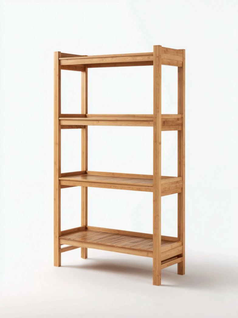 Étagère en bambou couleur bois naturel, quatre niveaux, forme rectangulaire
