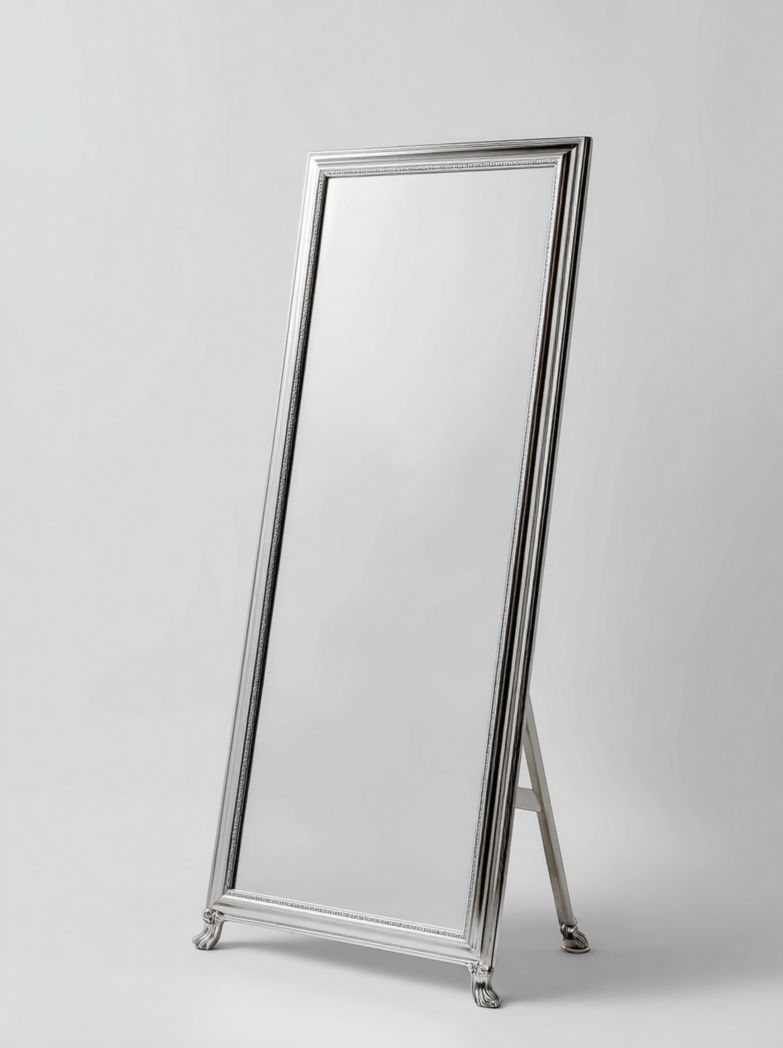 Miroir sur pied rectangulaire avec cadre métallique argenté