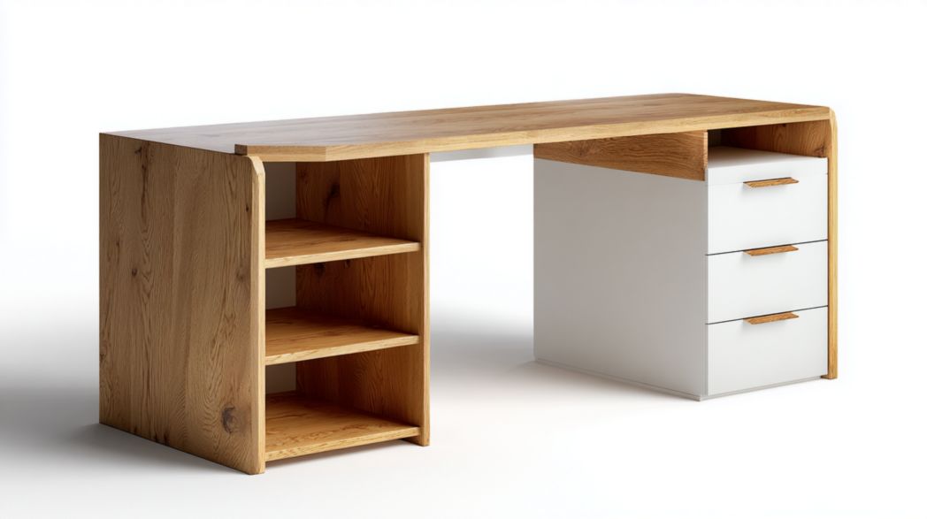 Bureau en bois et blanc, plateau rectangulaire, trois tiroirs et quatre compartiments de rangement