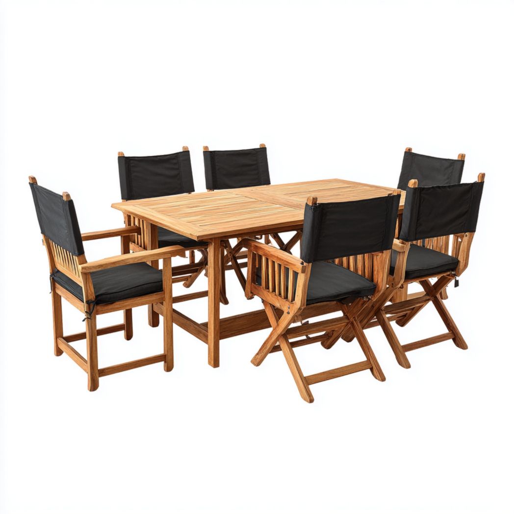Ensemble de jardin rectangulaire en teck avec six chaises pliantes à assise et dossier en tissu noir
