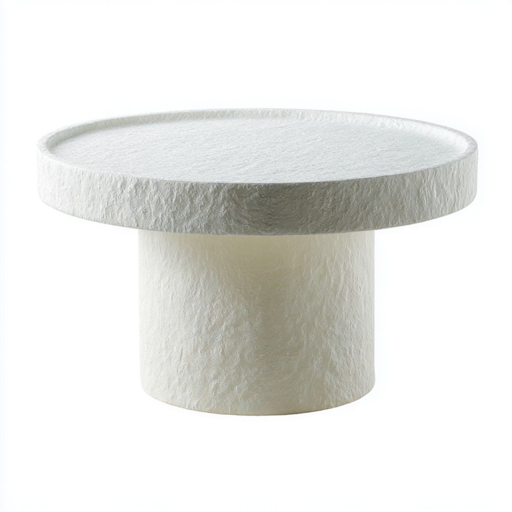 Table basse ronde en pierre blanche avec base cylindrique sans tiroirs ni portes
