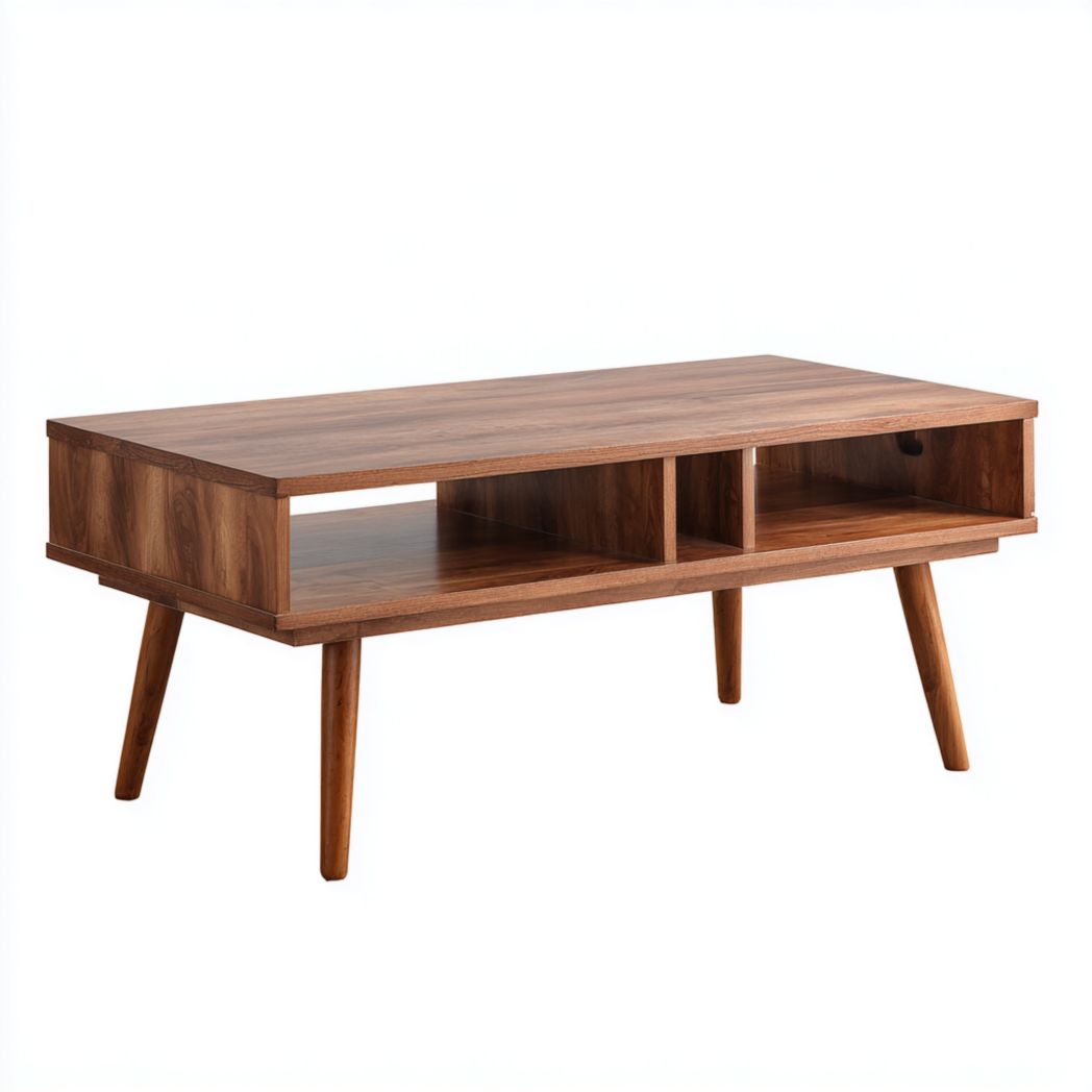 Table basse rectangulaire en bois noyer avec deux niveaux ouverts