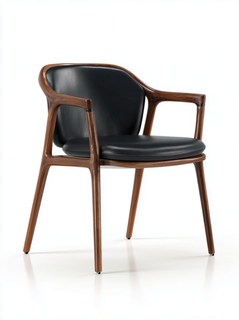 Chaise en cuir noir avec accoudoirs et pieds en bois noyer