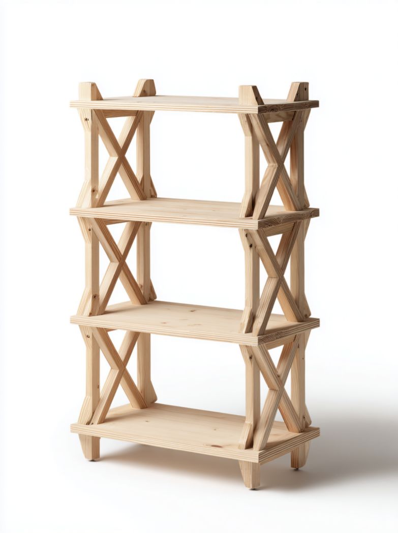 Étagère en bois naturel à quatre niveaux avec montants croisés