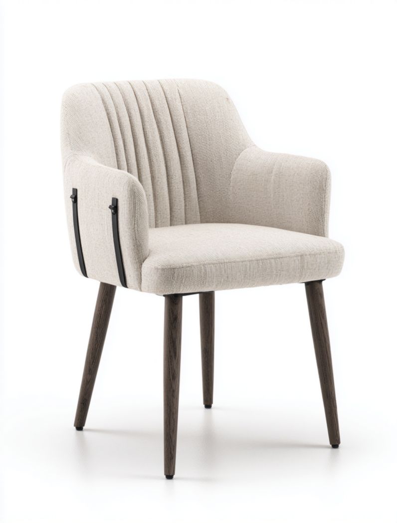 Chaise de salle à manger en tissu beige avec dossier à coutures verticales, accoudoirs et pieds en bois foncé