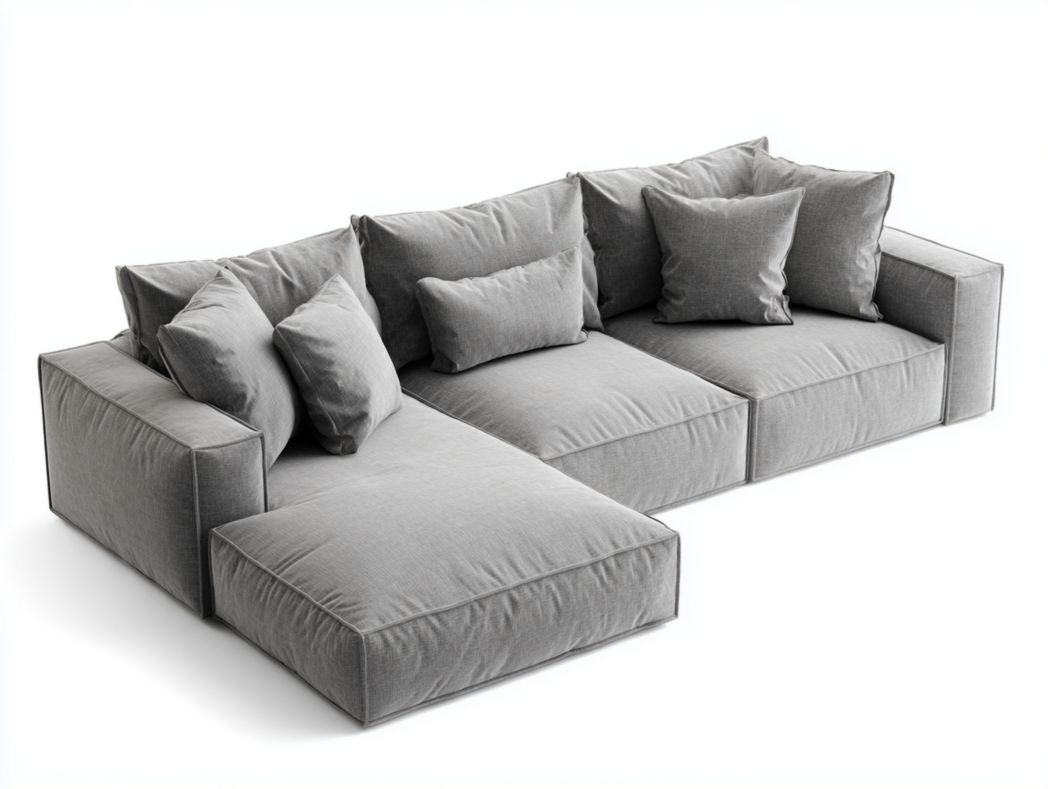 Canapé d’angle tissu gris 3 dossiers 5 coussins