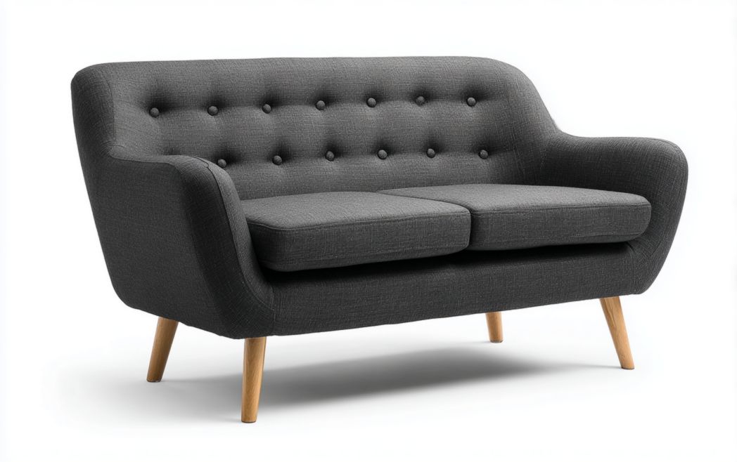 Canapé 2 places en tissu gris foncé avec dossier capitonné, accoudoirs arrondis et pieds en bois, sans coussins