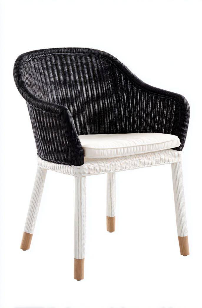 Chaise de jardin bicolore en rotin synthétique noir et blanc avec coussin