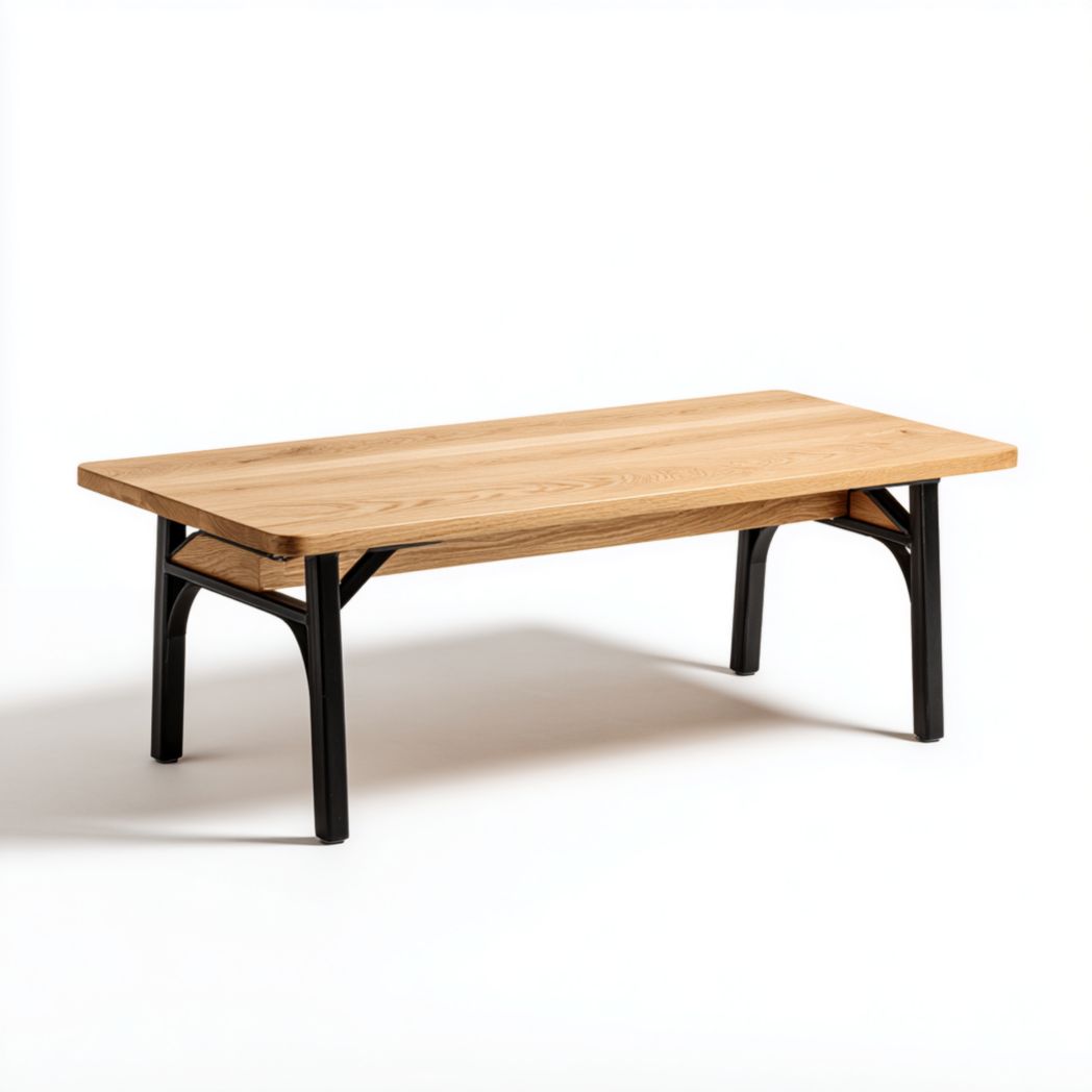 Table basse rectangulaire avec plateau en bois et structure métallique noire, sans tiroir ni porte