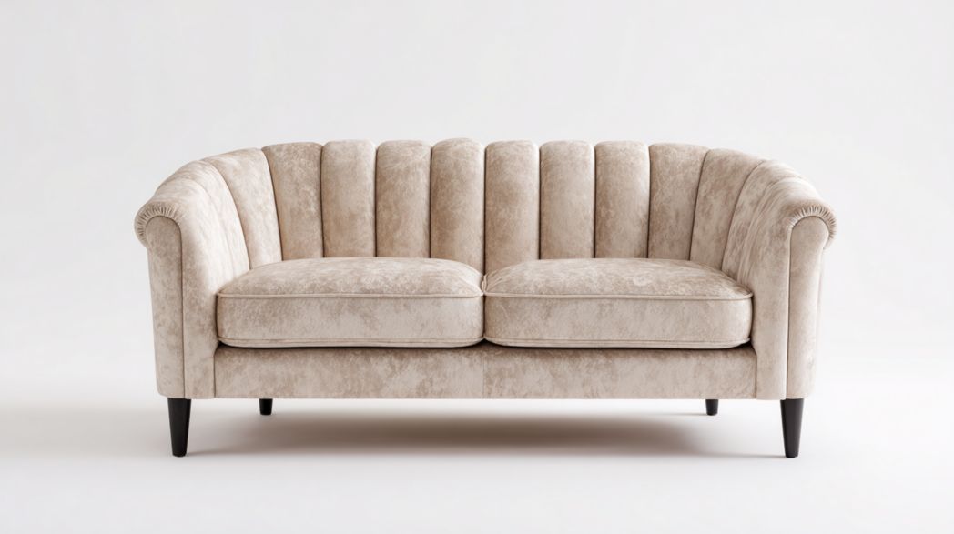 Canapé 2 places en tissu beige clair avec dossier à sections verticales et pieds en bois, sans coussins