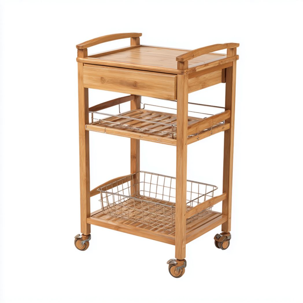 Chariot en bambou trois niveaux avec tiroir et panier métallique