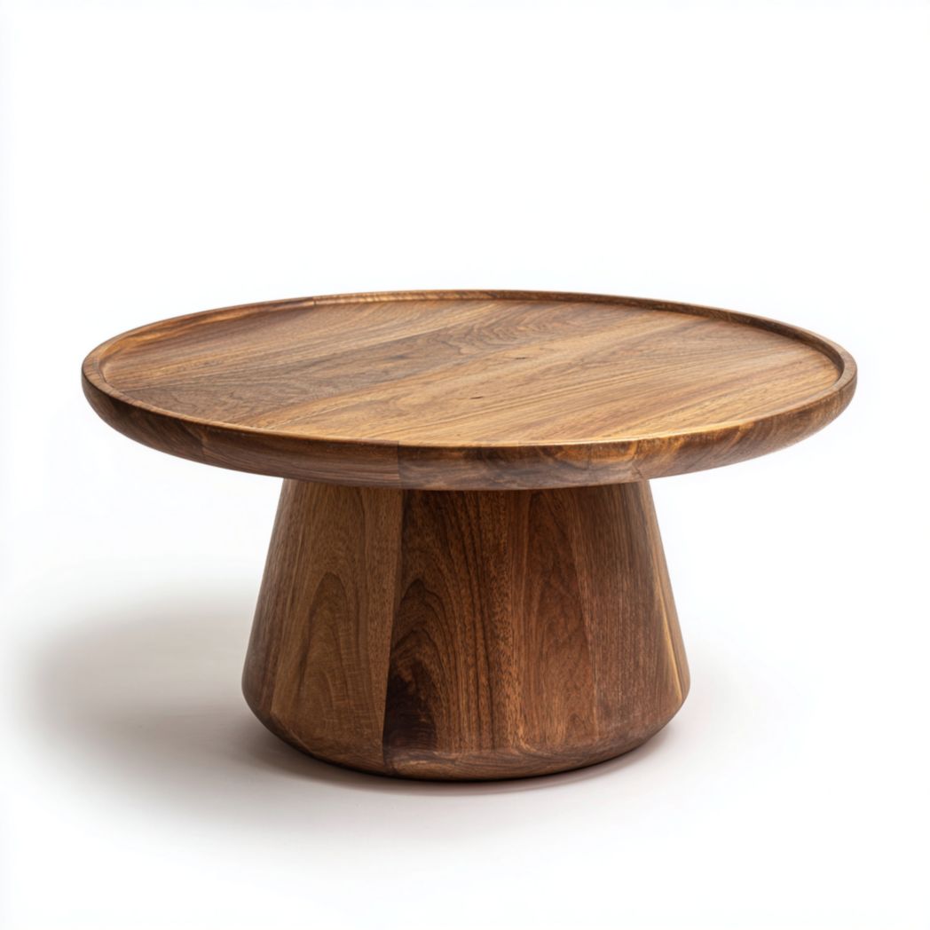 Table basse ronde en bois massif couleur noyer foncé, sans tiroir ni porte