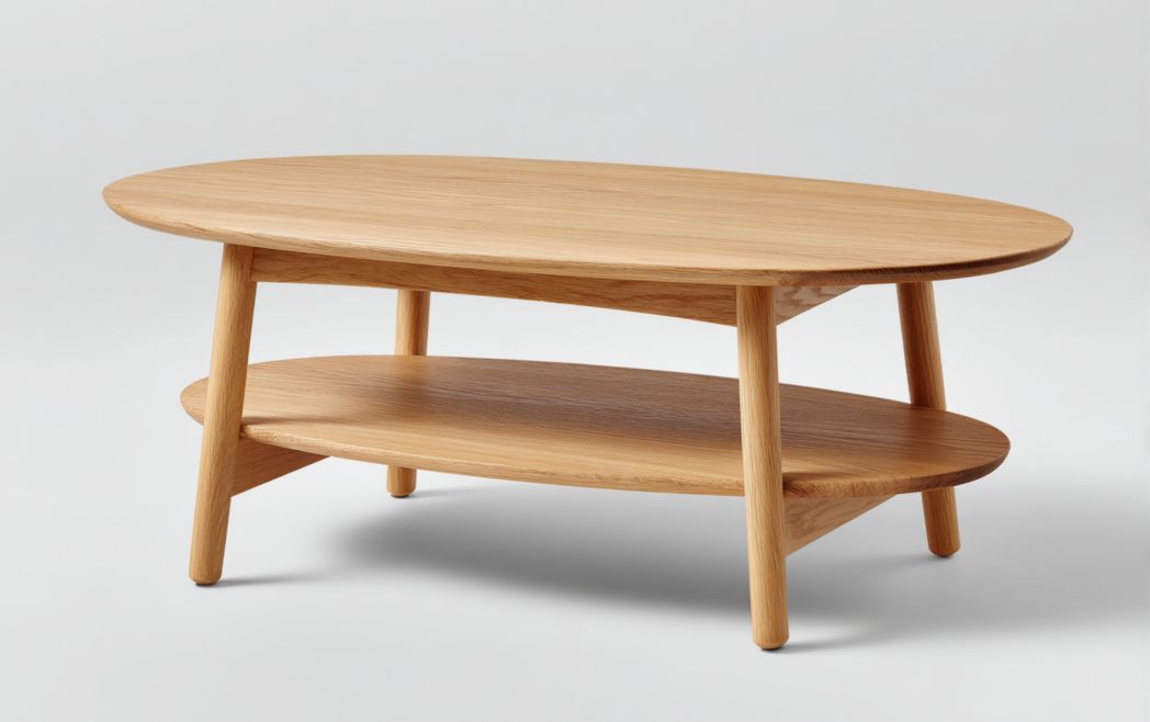 Table basse ovale en chêne couleur naturelle à deux niveaux sans tiroirs ni portes