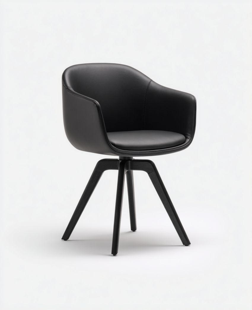 Chaise de salle à manger en similicuir noir avec dossier incurvé, assise fixe et base en bois à quatre pieds