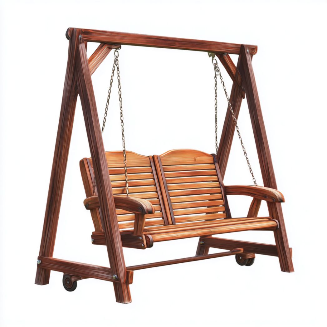 Balancelle de jardin deux places en bois brun avec chaînes métalliques