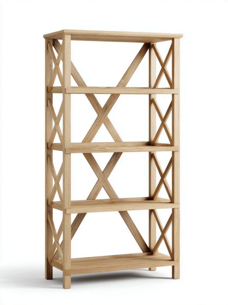Étagère en bois couleur naturelle à quatre niveaux avec structure croisée