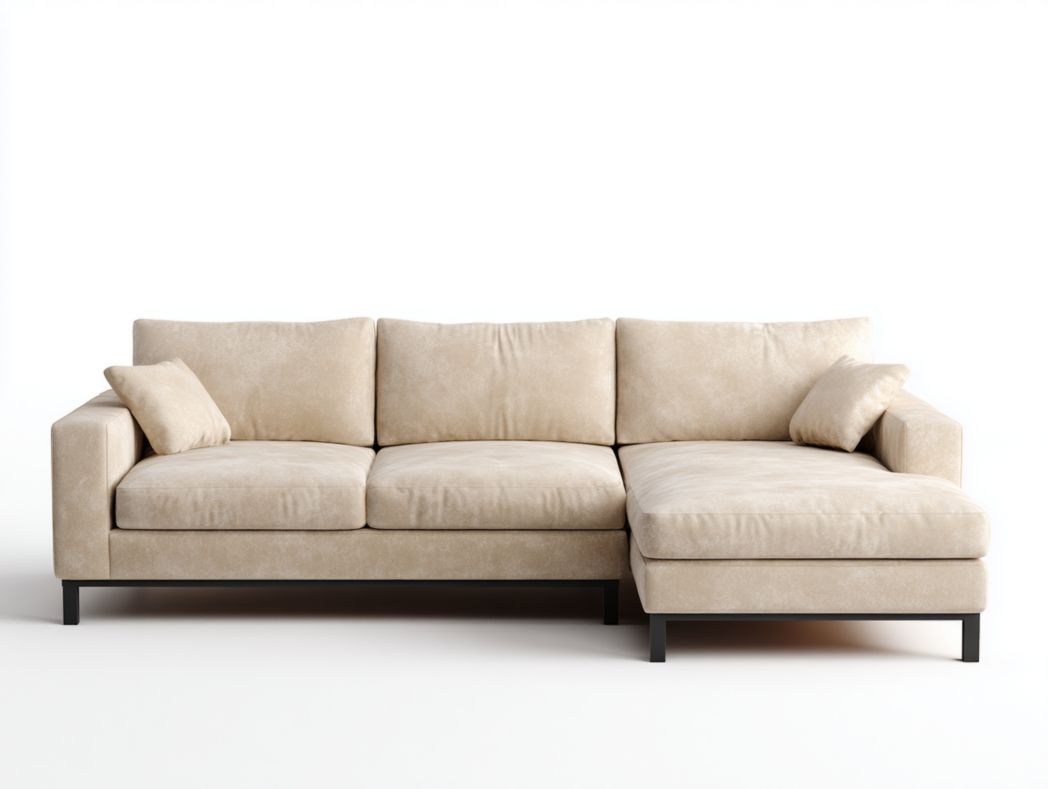 Canapé d’angle en tissu beige avec méridienne droite et deux coussins