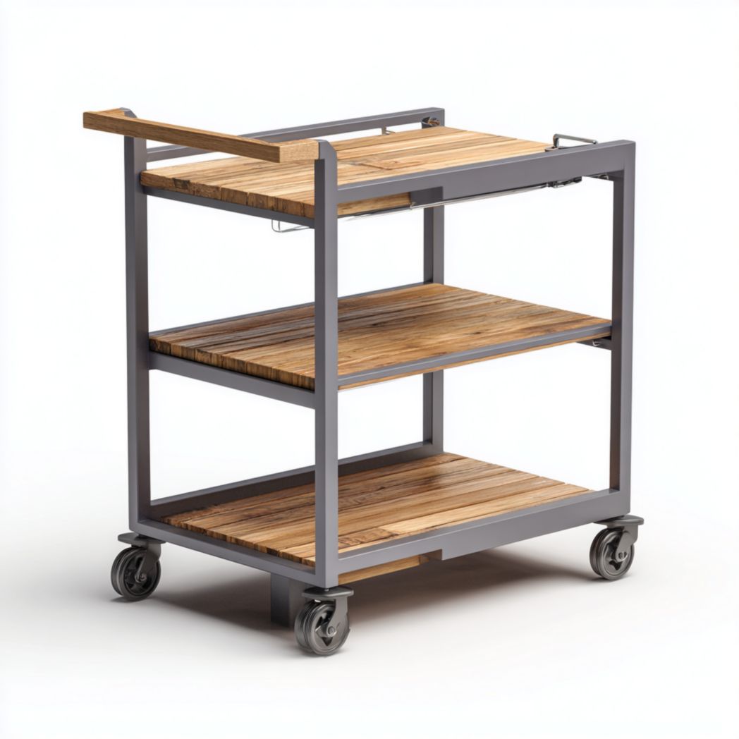 Desserte de jardin en métal gris et bois à trois niveaux avec poignée et roulettes