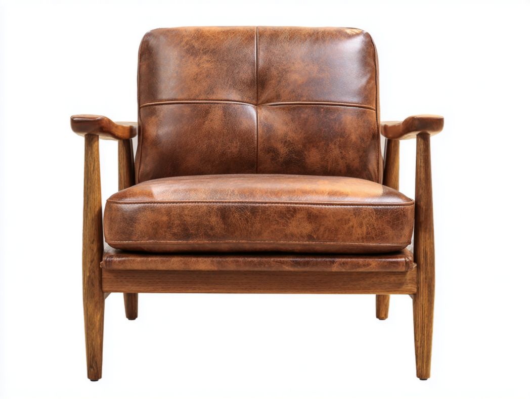 Fauteuil en cuir brun avec structure en bois massif