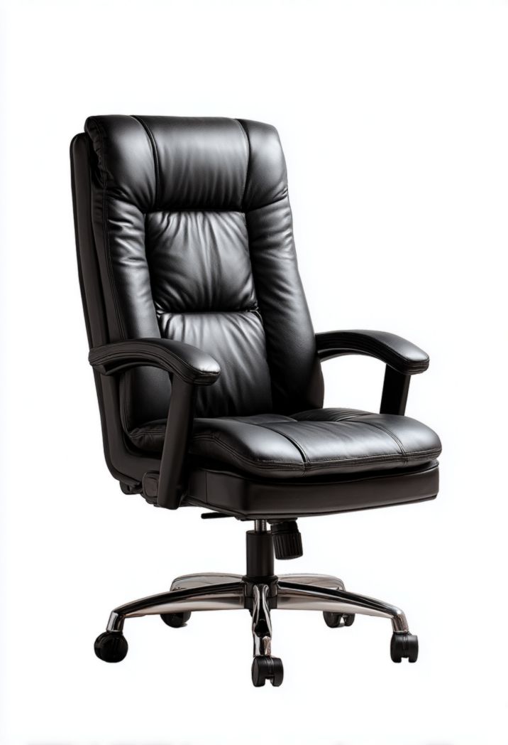 Chaise de bureau en cuir noir, dossier haut rembourré, accoudoirs et base à cinq branches