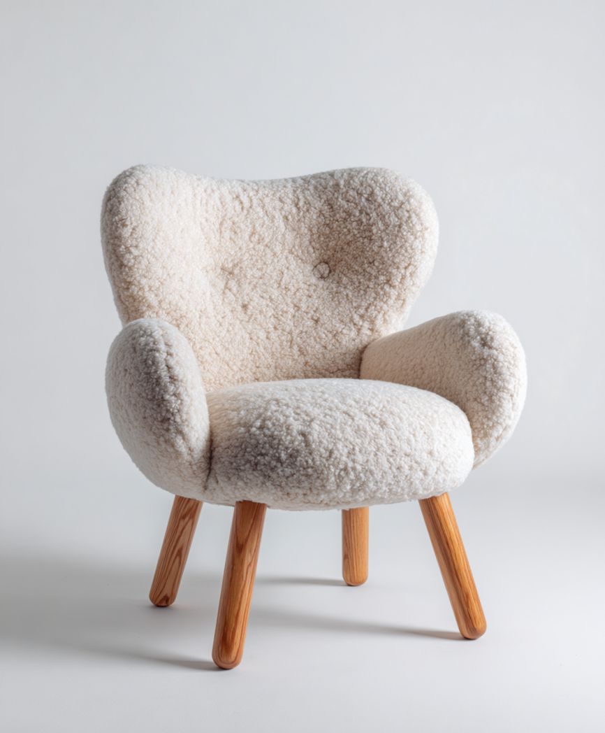 Fauteuil en tissu bouclette beige clair avec assise fixe et pieds en bois