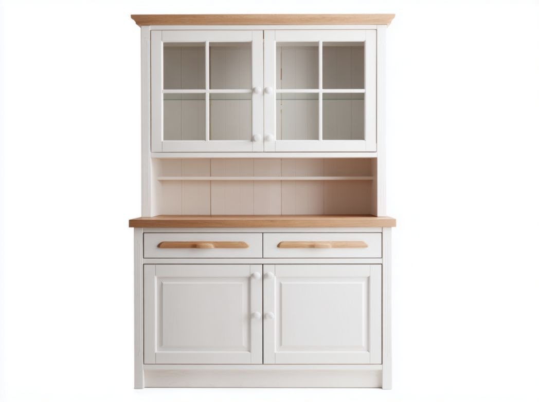 Vaisselier blanc avec portes vitrées, plateau en bois et 2 tiroirs