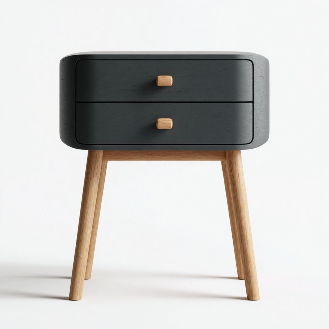 Table d’appoint en bois noir avec deux tiroirs et pieds couleur bois naturel